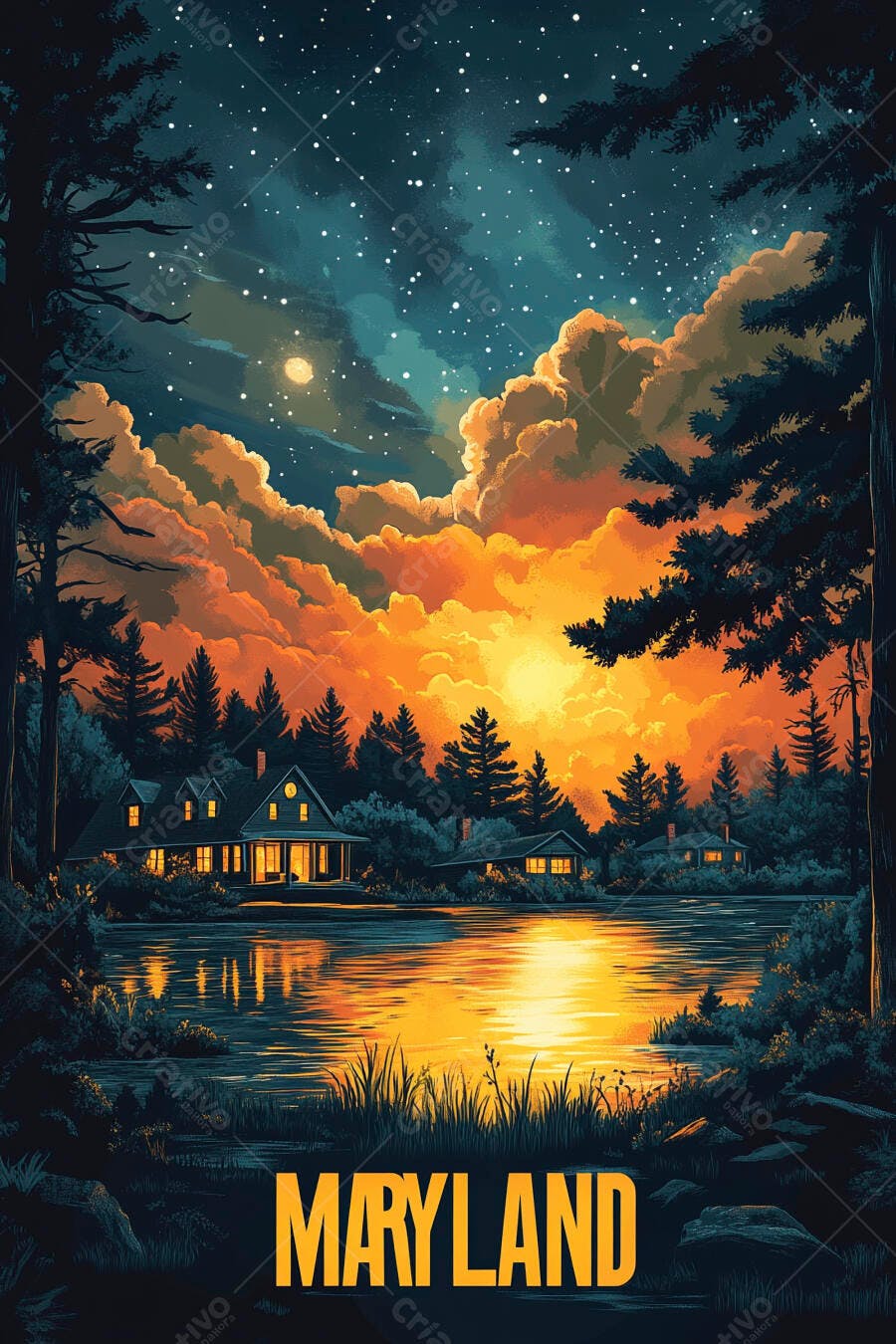 Maryland paisagem noturna casas iluminadas lago floresta céu estrelado vibrante