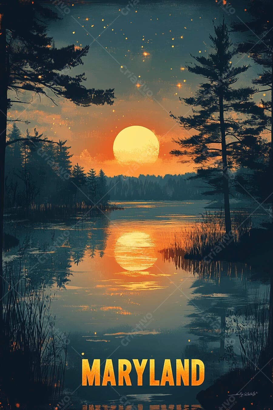 Pôr do sol vibrante em lago de Maryland com pinheiros e reflexo laranja