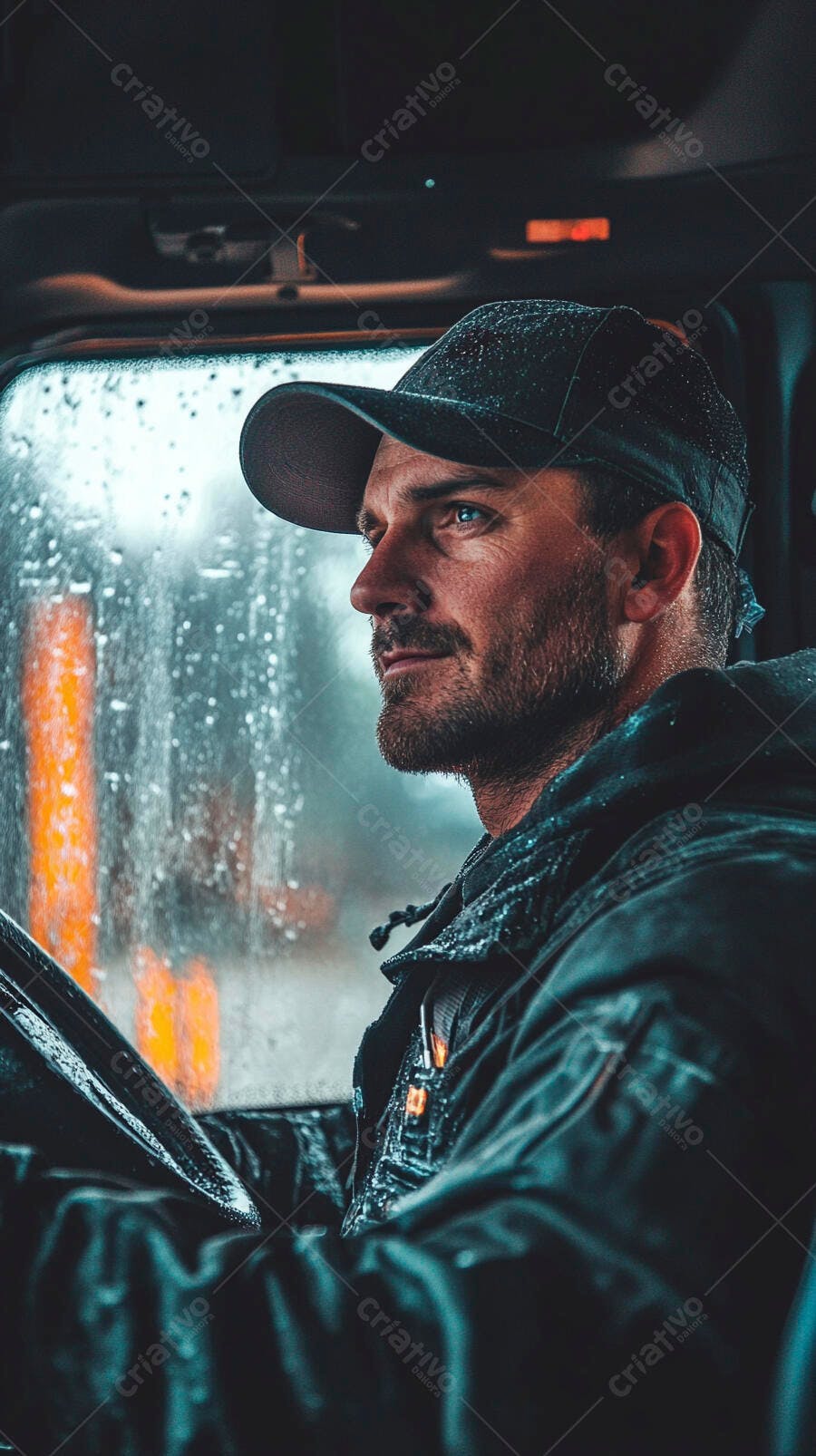 Homem motorista pensativo dirigindo caminhão na chuva com olhos azuis