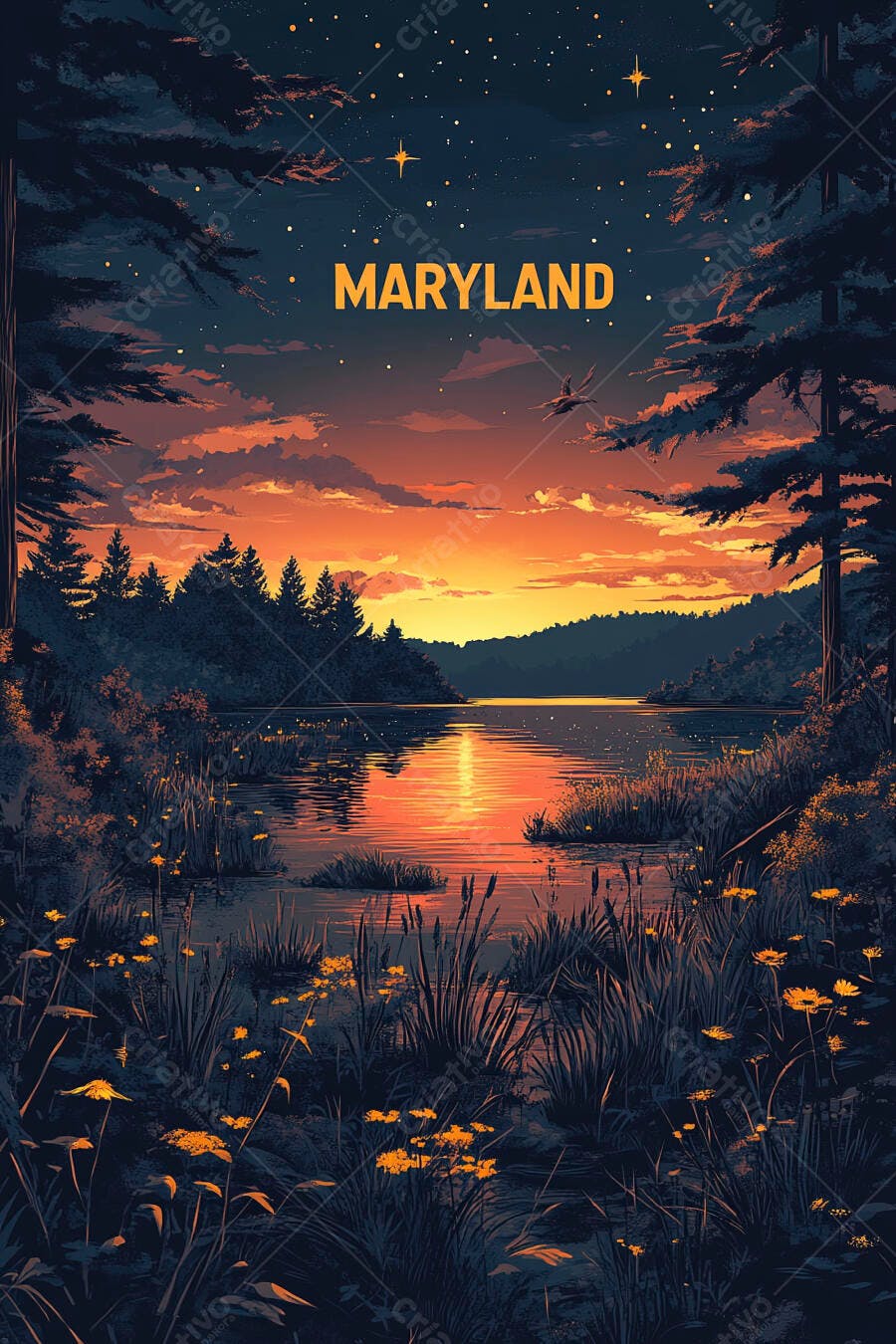 Pôr do sol vibrante em lago de Maryland floresta densa e céu estrelado