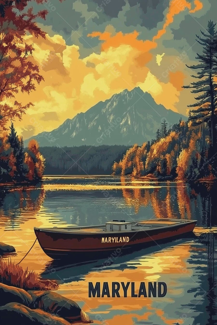 Barco Maryland em lago tranquilo com montanhas ao pôr do sol outonal