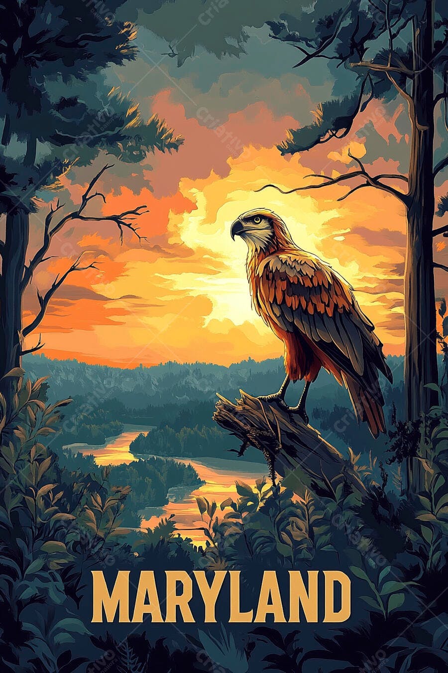 Águia majestosa pousada em árvore ao pôr do sol sobre rio Maryland