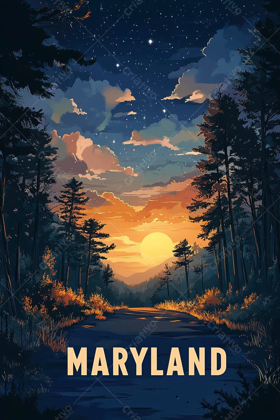 Pôr do sol vibrante sobre estrada florestal em Maryland ilustração digital