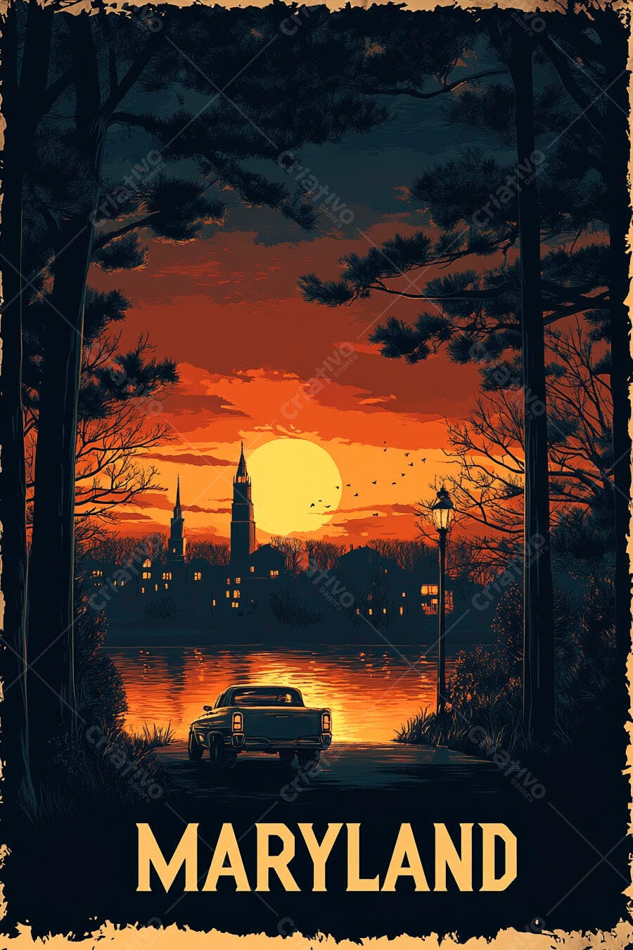 Pôr do sol laranja em Maryland com carro clássico e silhueta da cidade