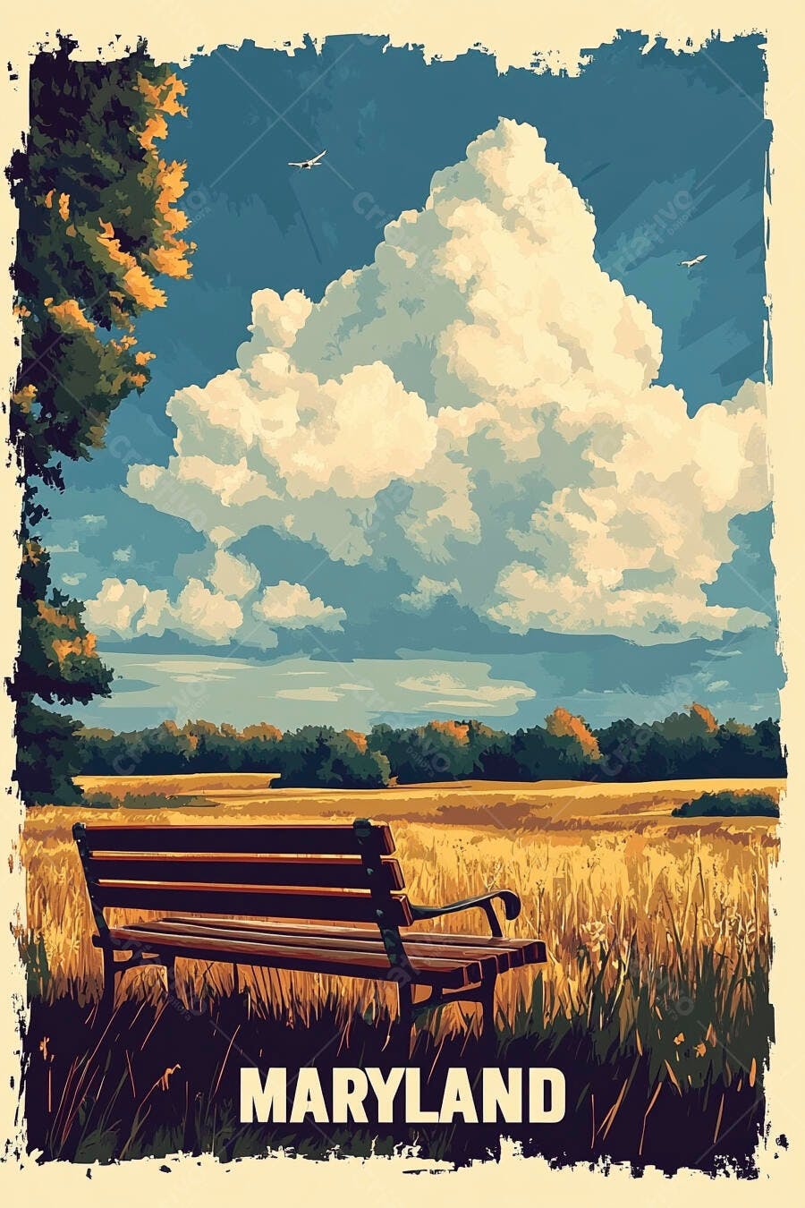 Banco de parque em campo dourado Maryland sob céu azul outonal ilustração