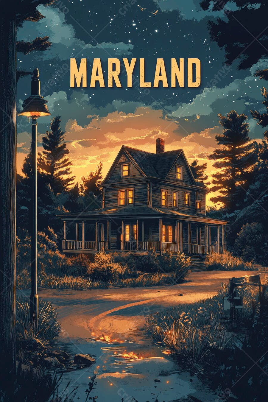 Ilustração casa antiga Maryland anoitecer céu estrelado luzes acesas