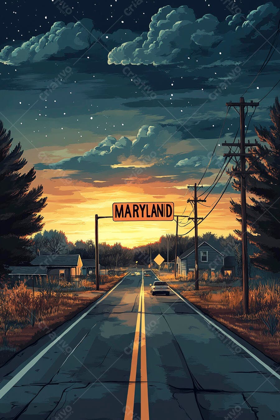 Estrada rural Maryland ao pôr do sol com carro e casas ilustradas
