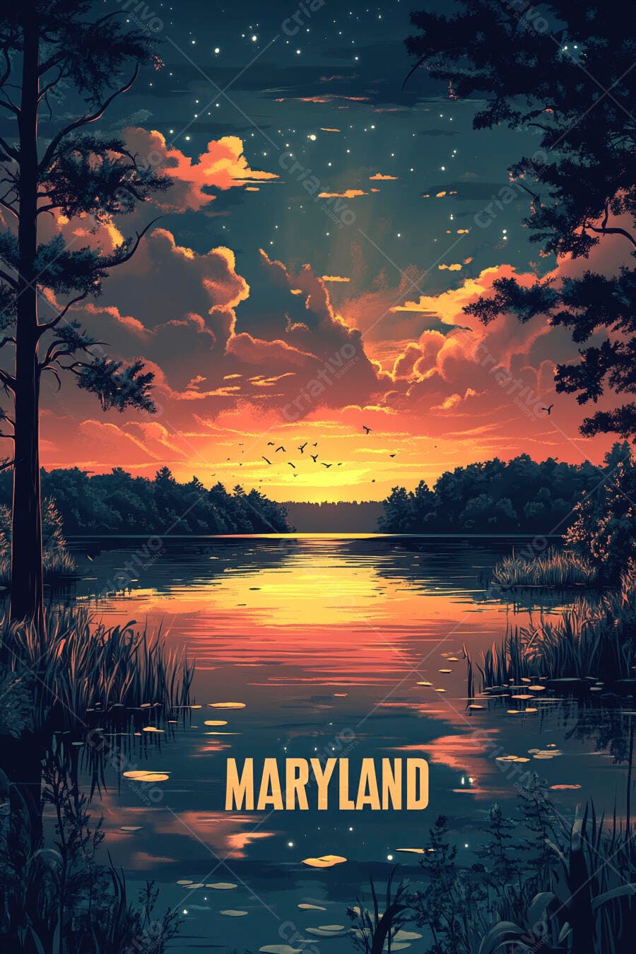 Paisagem de Maryland ao pôr do sol com lago sereno nuvens alaranjadas e estrelas