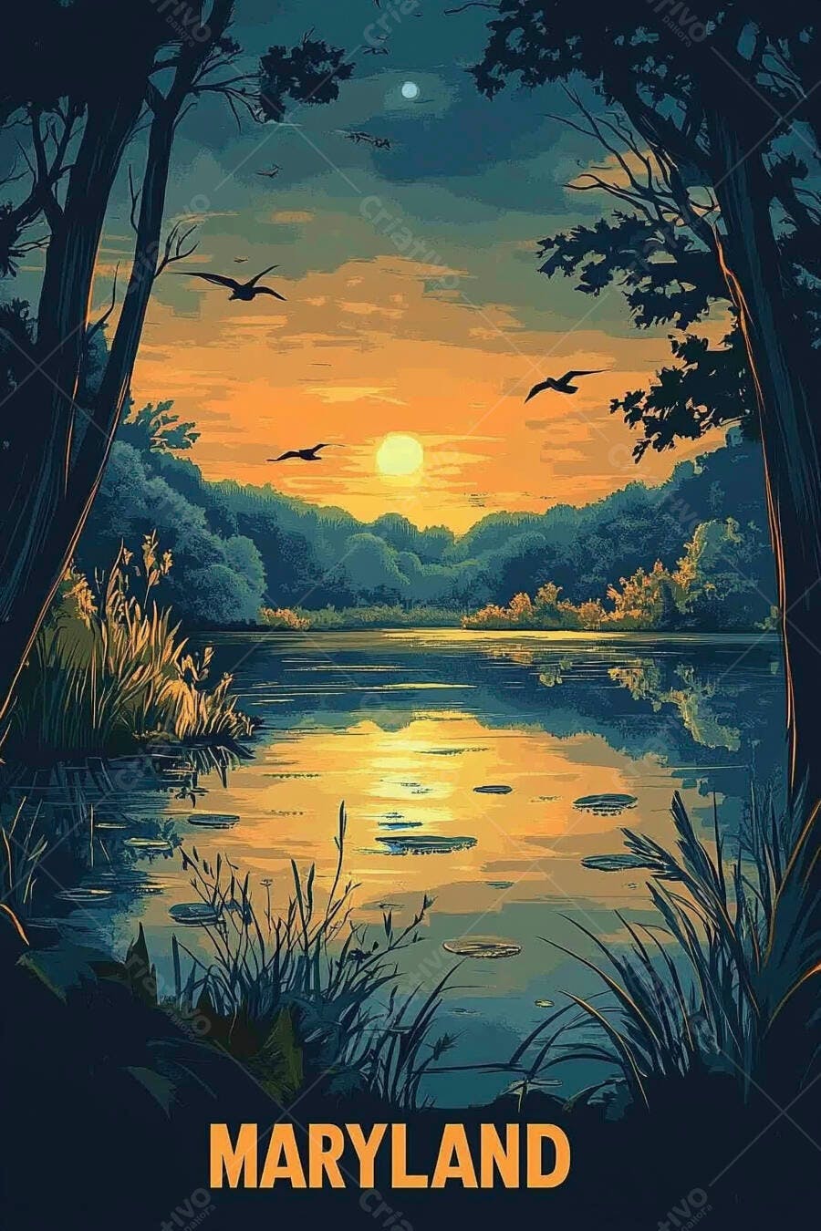 Pôr do sol laranja sobre lago tranquilo com árvores e pássaros voando