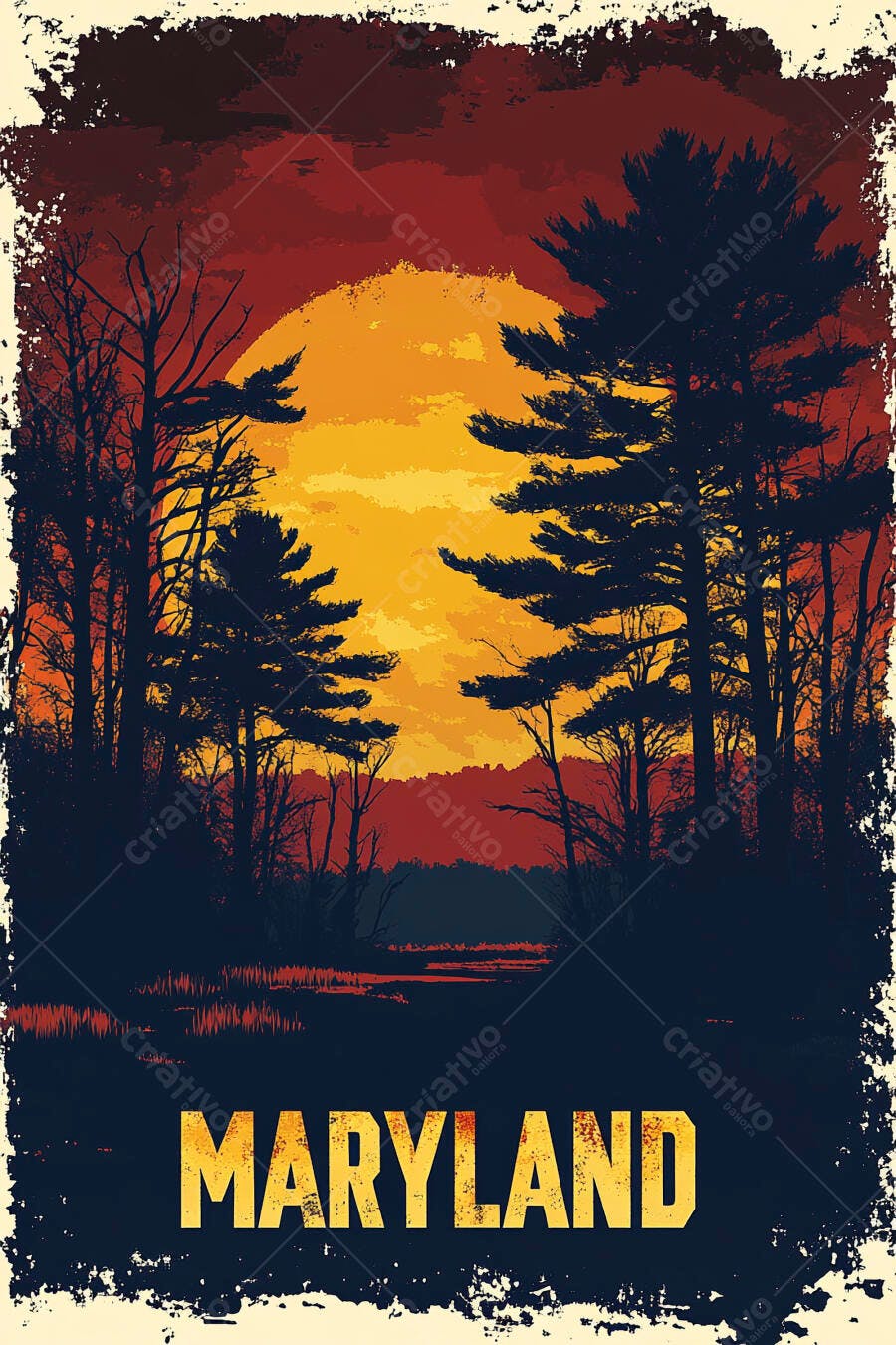 Pôster vintage Maryland floresta escura pôr do sol laranja e pântano