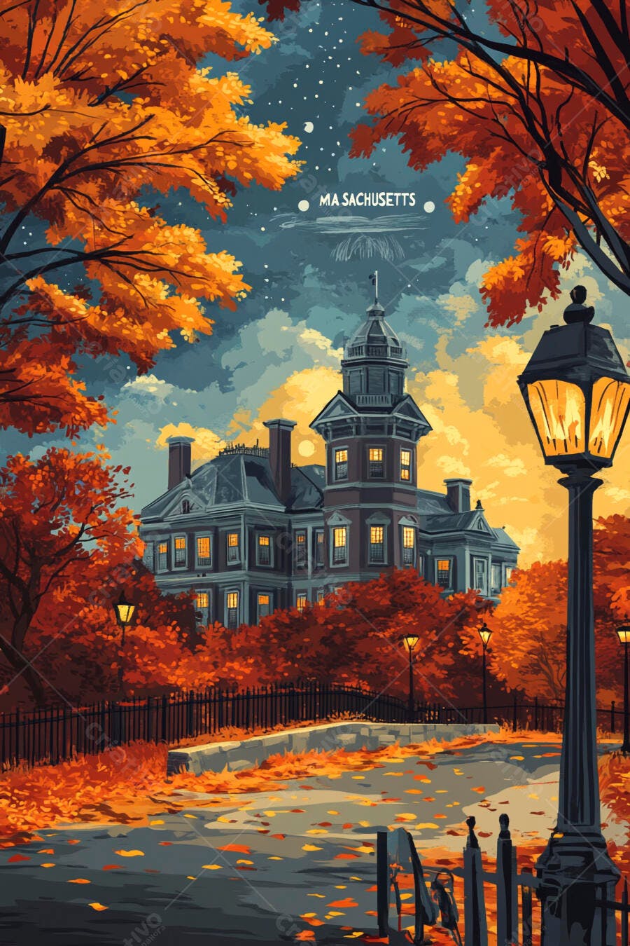 Mansão vitoriana em Massachusetts com folhagem laranja e luzes quentes ao entardecer