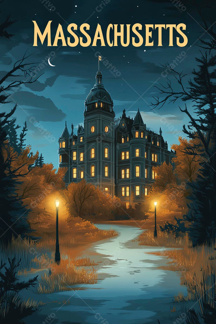 Palácio histórico de Massachusetts iluminado à noite com lua crescente