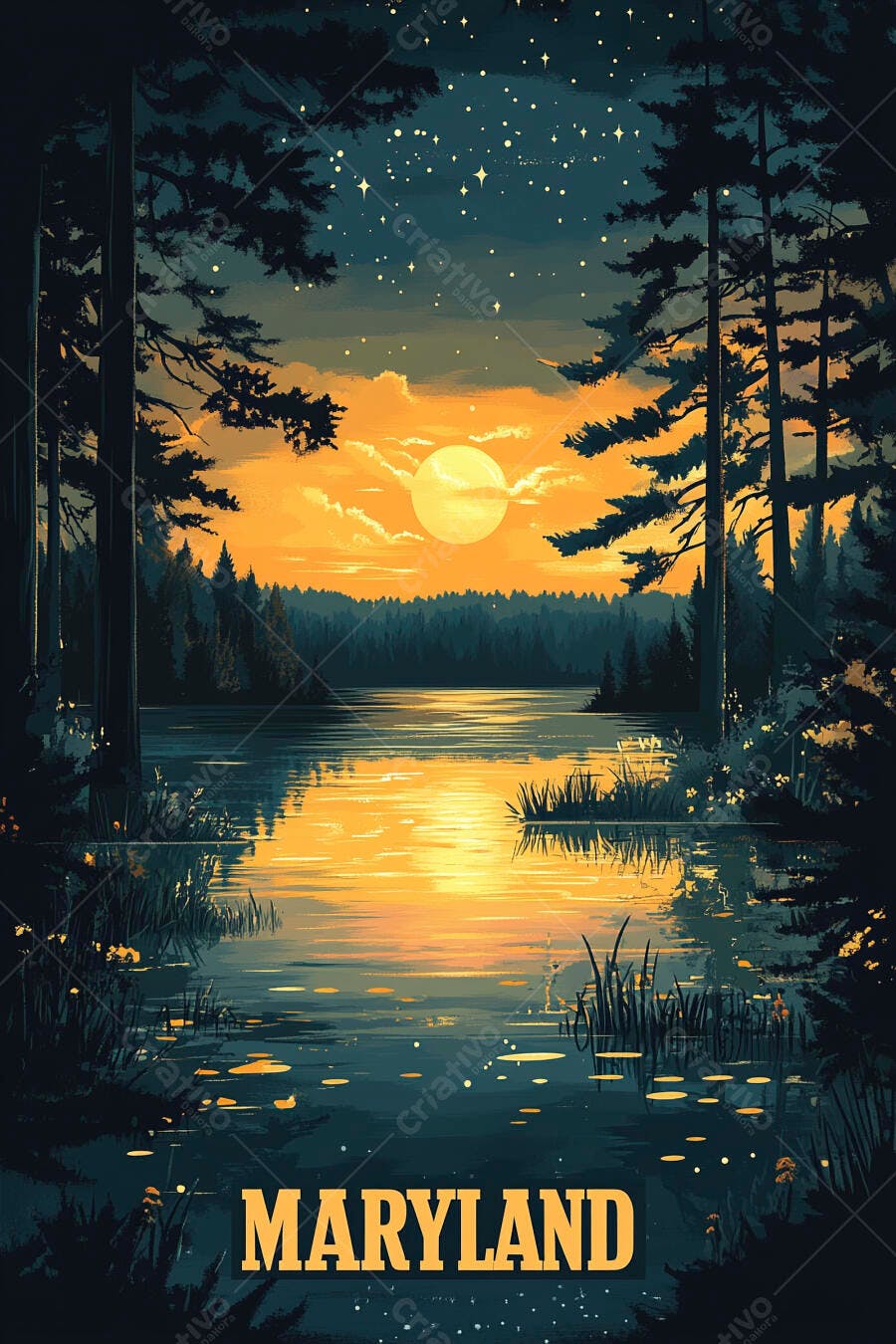 Pôr do sol dourado em lago florestal Maryland com pinheiros e céu estrelado
