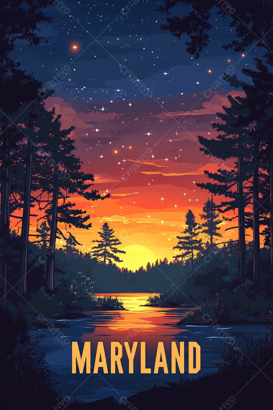Céu estrelado sobre floresta e rio ao por do sol em Maryland