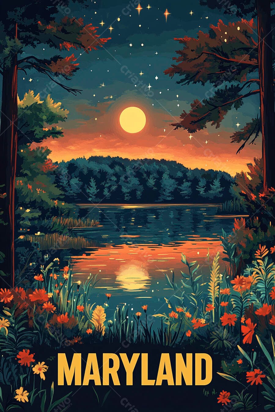 Paisagem noturna de Maryland com lago floresta e lua cheia