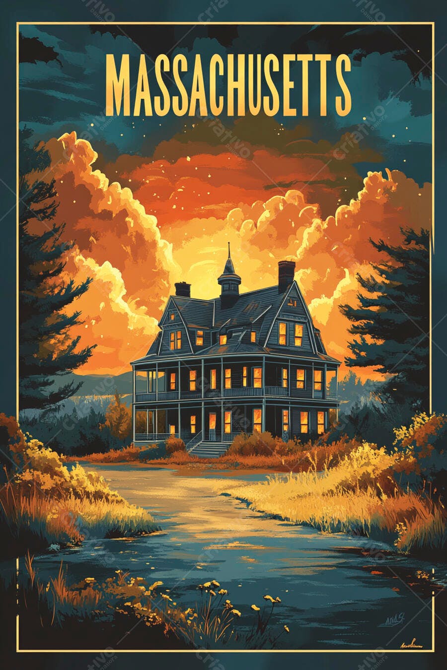 Massachusetts poster casa vitoriana à beira do lago ao pôr do sol cores outonais