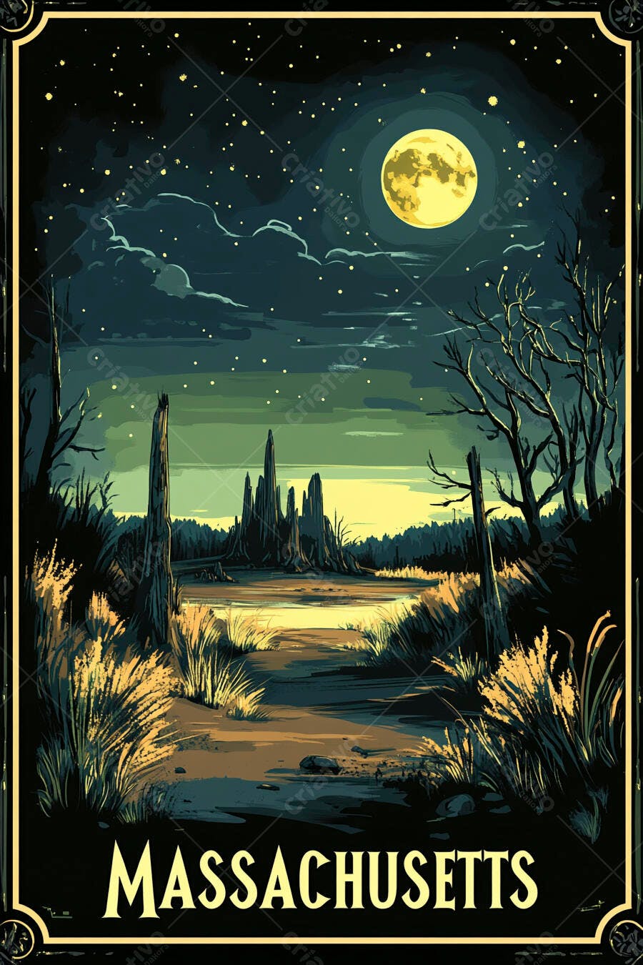 Paisagem noturna de Massachusetts com lua cheia pântano e estrelas estilo vintage