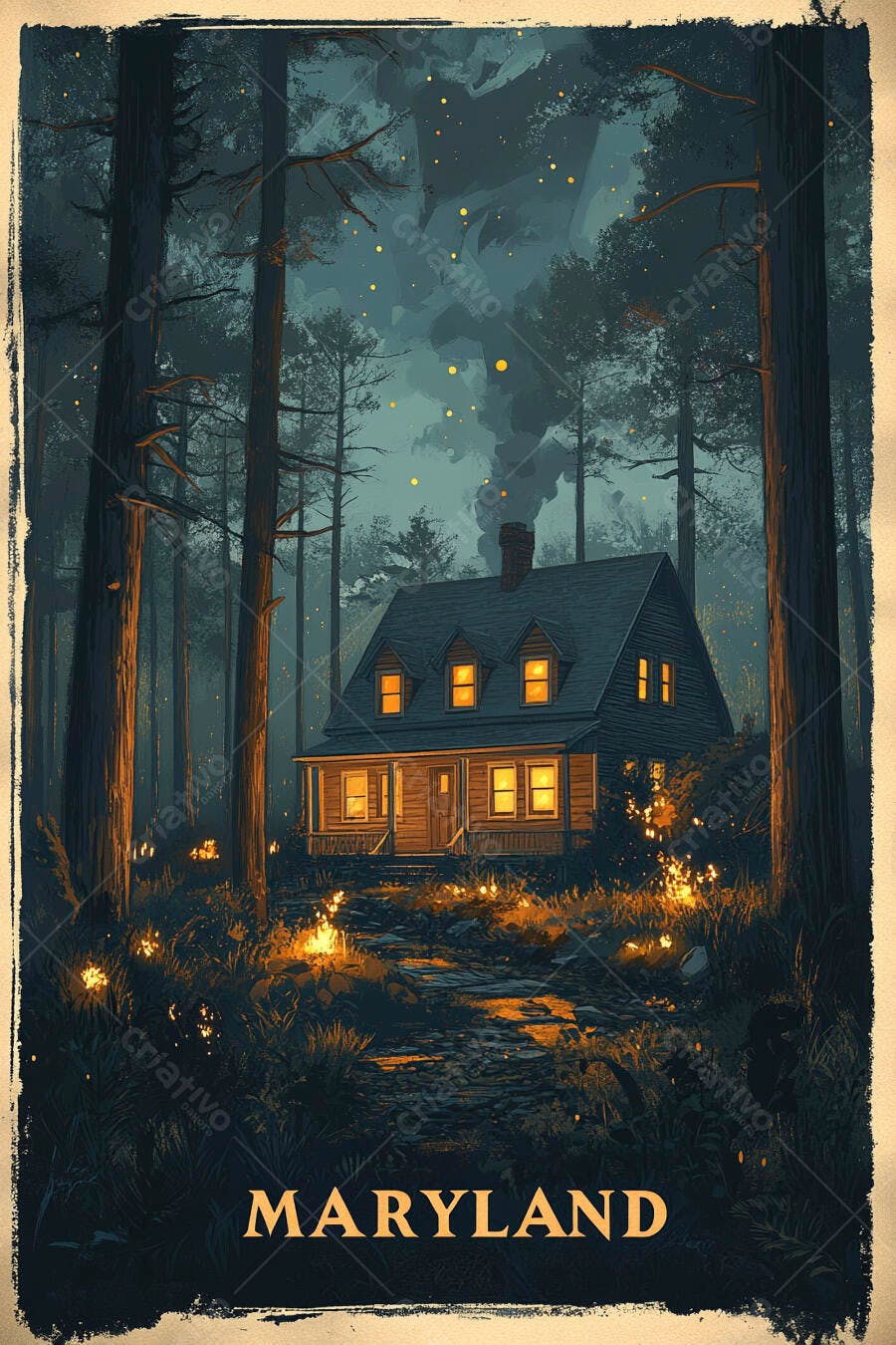 Casa aconchegante na floresta de Maryland à noite com luzes quentes e fumaça