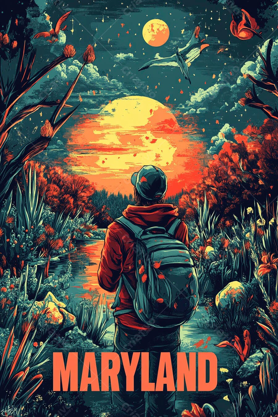 Homem com mochila em paisagem vibrante de Maryland ao pôr do sol