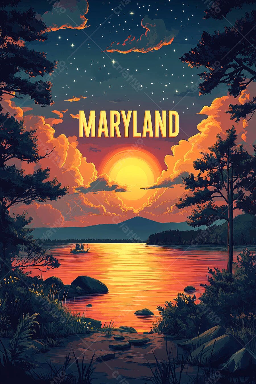 Maryland paisagem lago pôr do sol laranja montanhas floresta barco céu estrelado