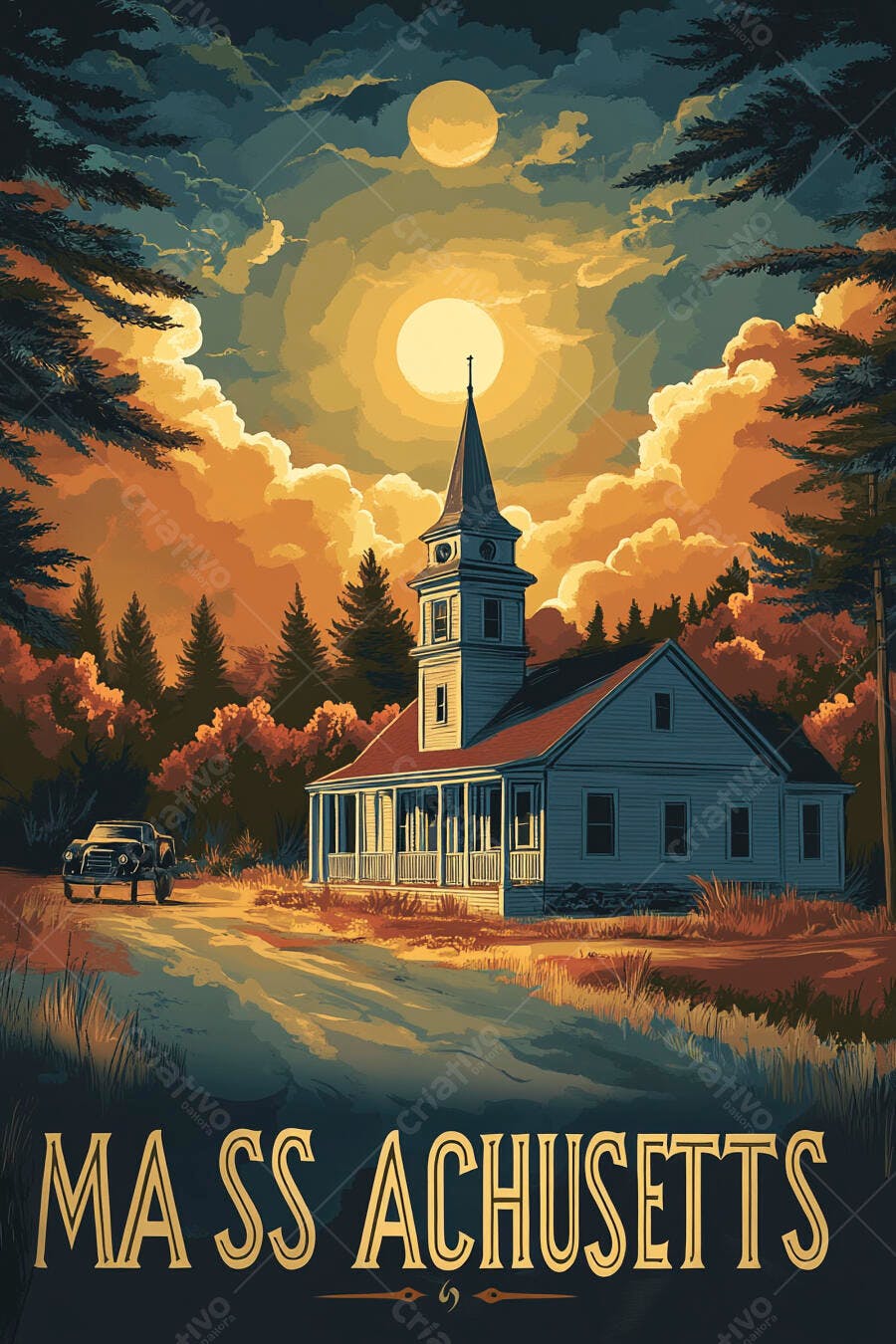 Igreja rural de Massachusetts com carro antigo ao pôr do sol