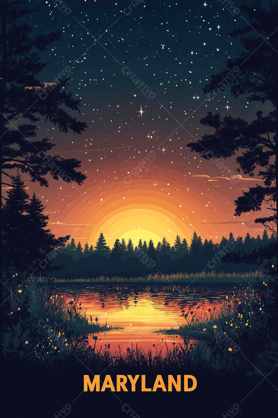 Paisagem de Maryland ao pôr do sol vibrante com lago e céu estrelado
