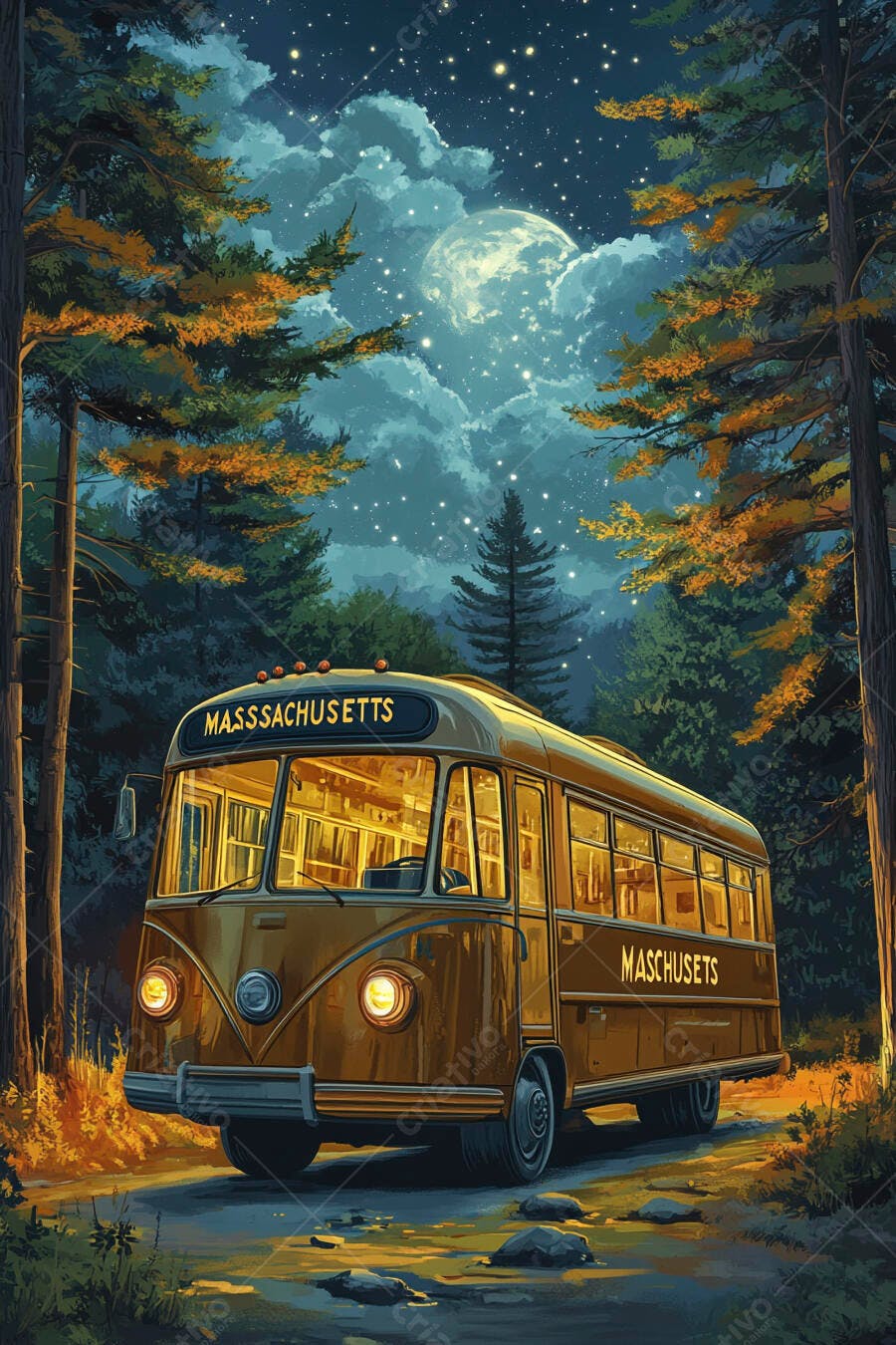 Ônibus vintage dourado com letreiro Massachusetts em floresta noturna