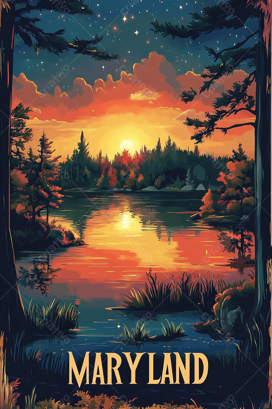 Pôr do sol vibrante sobre lago em Maryland com floresta e céu estrelado