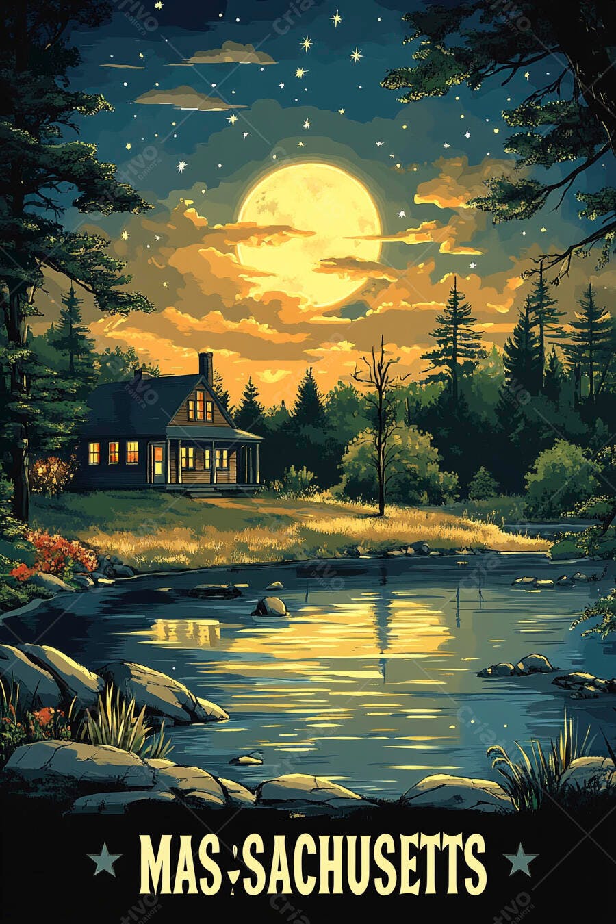 Casa iluminada à beira do lago sob lua cheia e estrelas em Massachusetts