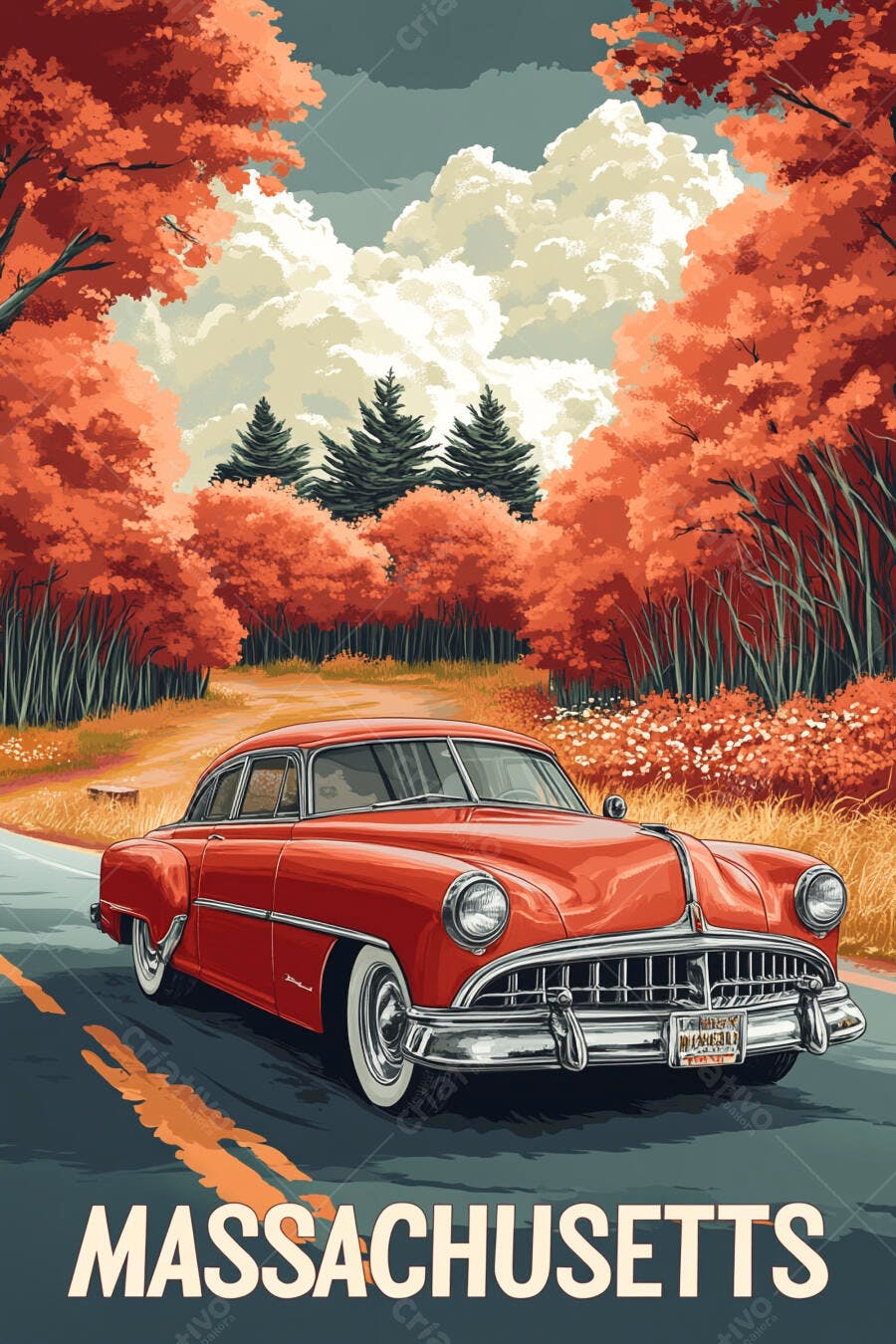 Carro vintage vermelho em estrada outonal de Massachusetts