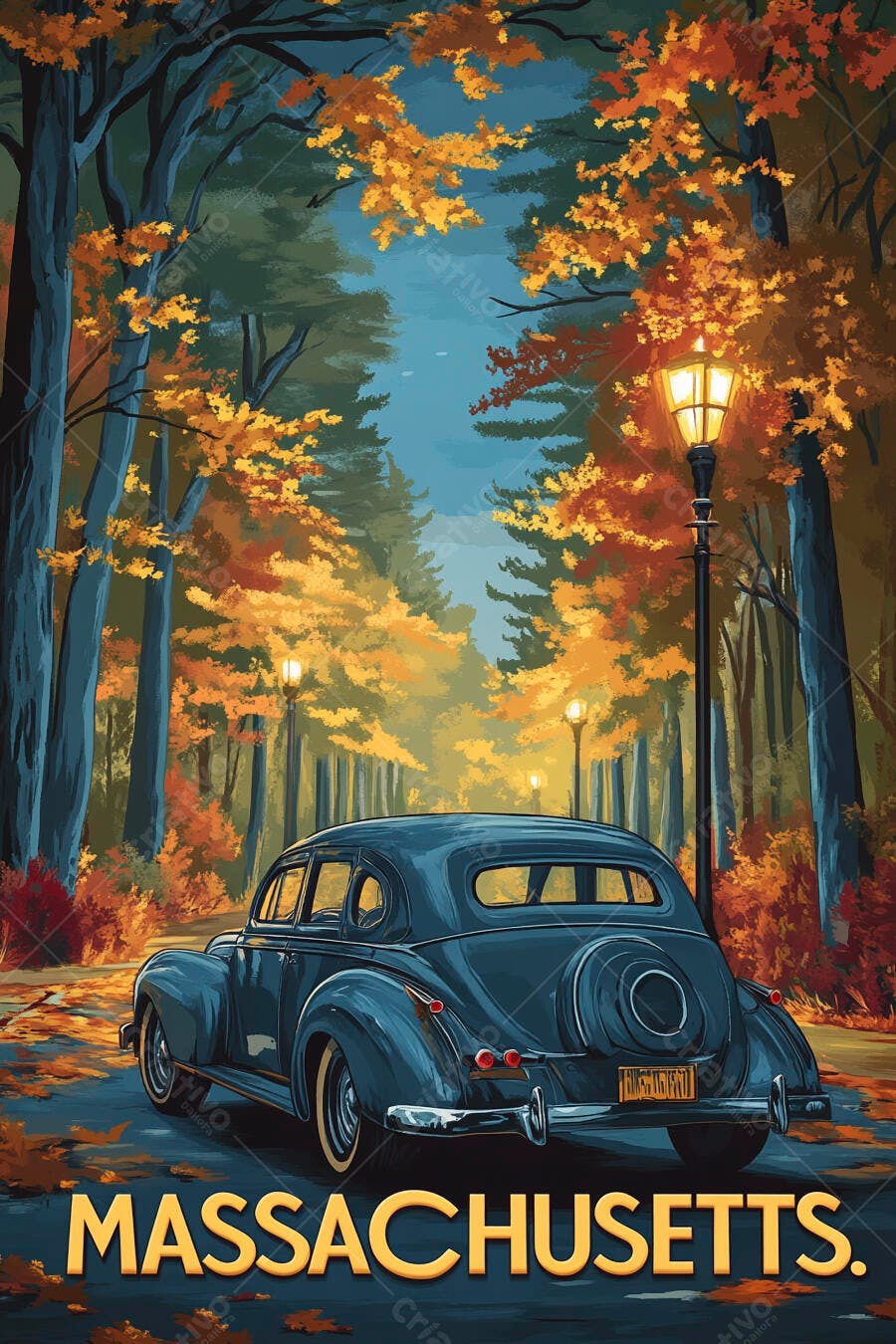 Carro vintage azul-petróleo em estrada outonal com luzes de poste Massachusetts