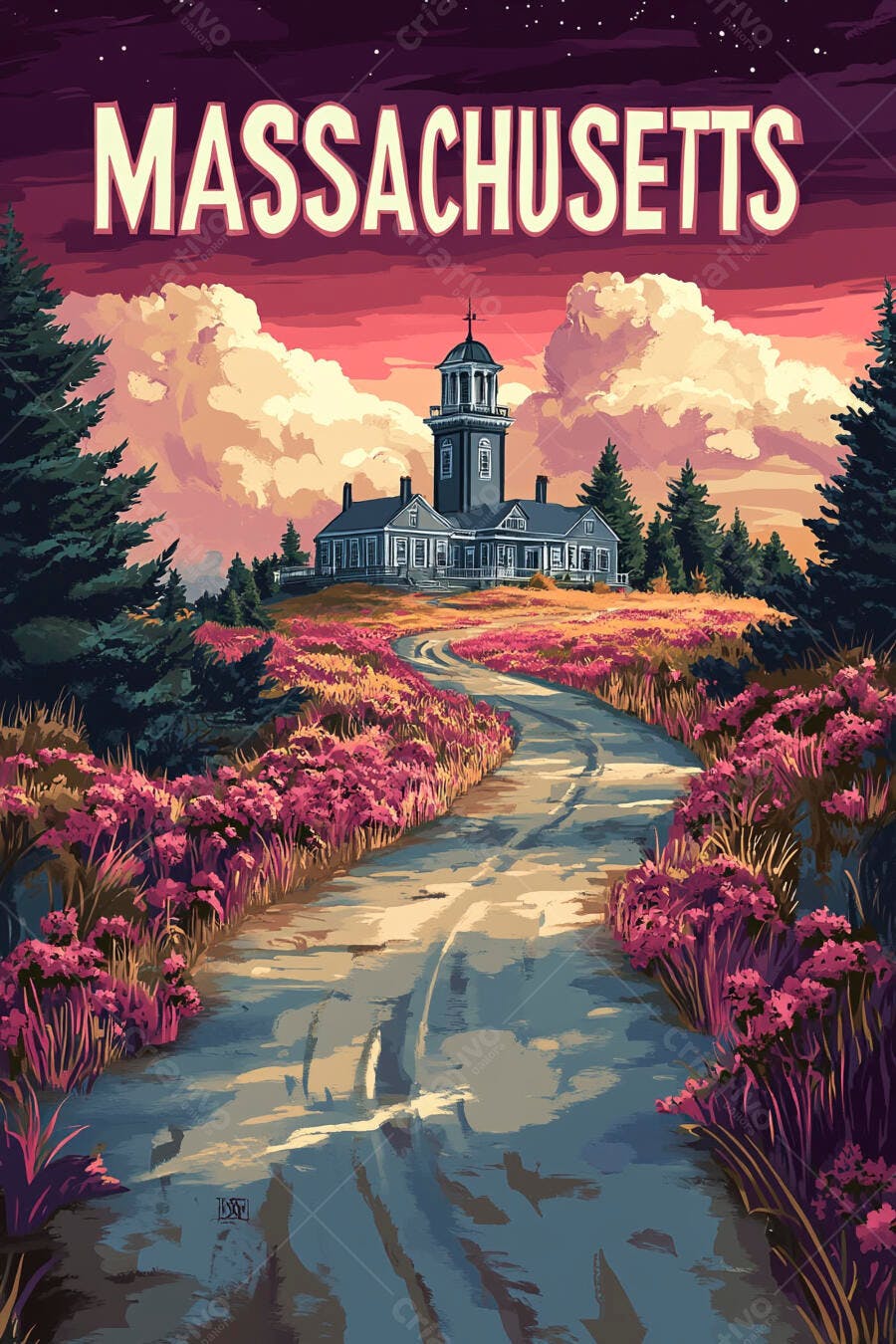 Paisagem de Massachusetts ilustração farol histórico campos de flores pôr do sol