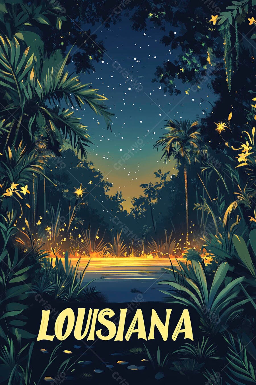 Pântano da Louisiana noturno com céu estrelado e plantas tropicais iluminadas