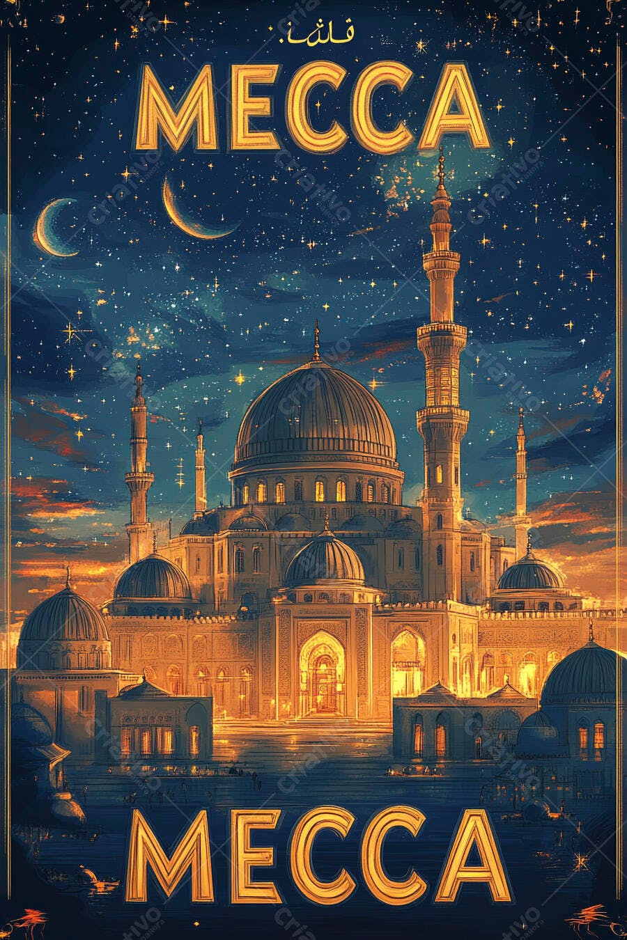 Mesquita de Meca com cúpulas douradas sob céu estrelado e lua crescente