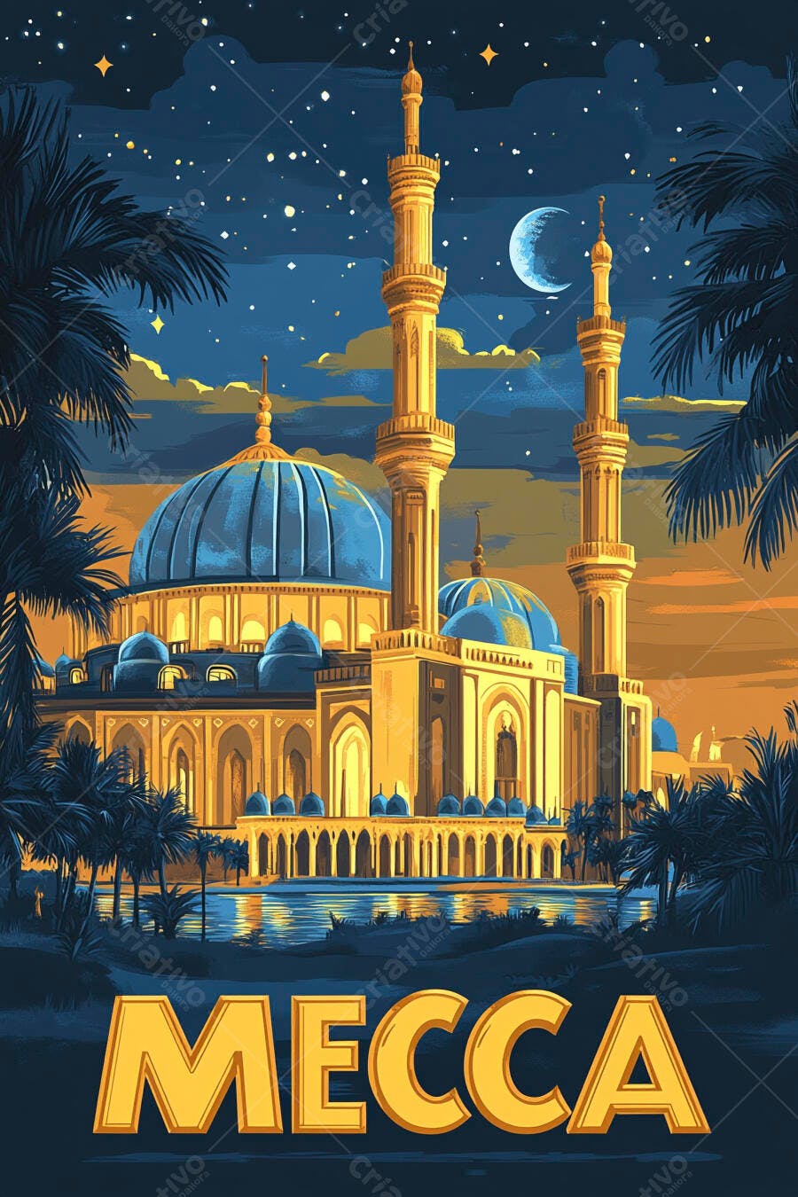 Mesquita de Meca dourada e azul sob céu noturno estrelado com palmeiras
