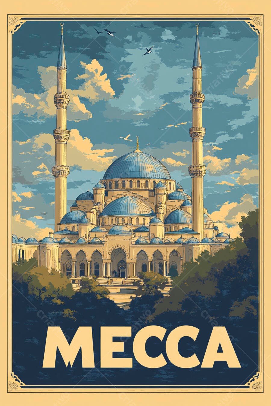 Mesquita de Meca ilustrada com cúpulas azuis e minaretes majestosos em pôster vintage