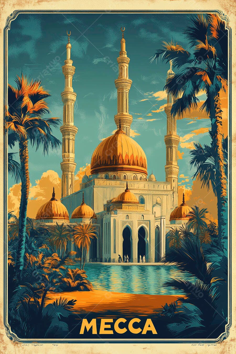 Mesquita de Meca com cúpulas douradas e minaretes em paisagem com palmeiras ao entardecer