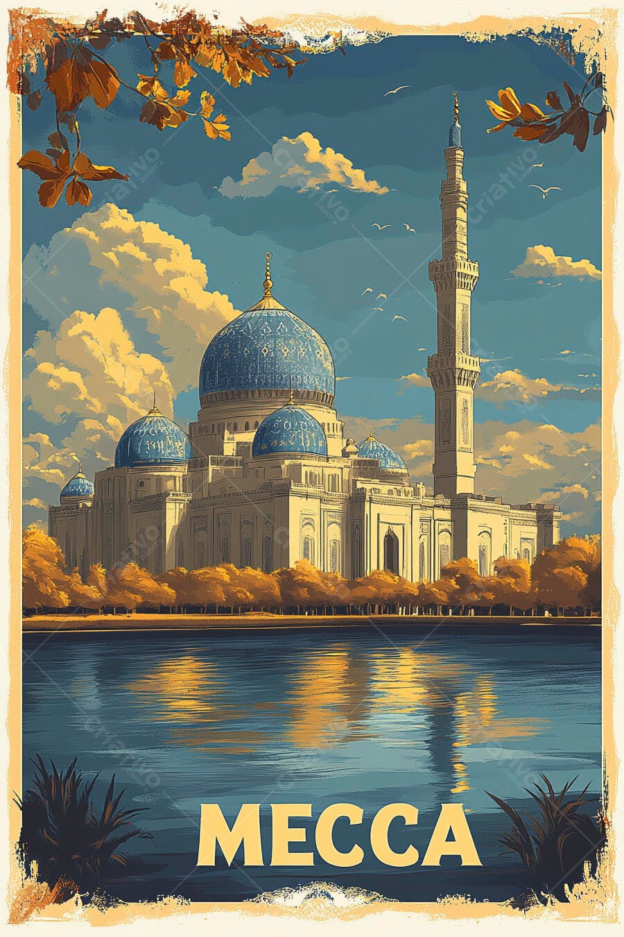 Mesquita em Meca com cúpulas azuis e minarete refletida em lago ao pôr do sol
