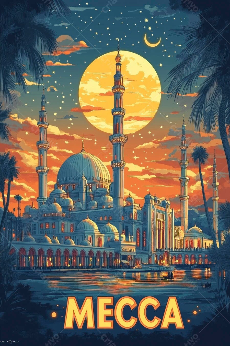 Mesquita de Meca iluminada com lua e palmeiras ao entardecer laranja