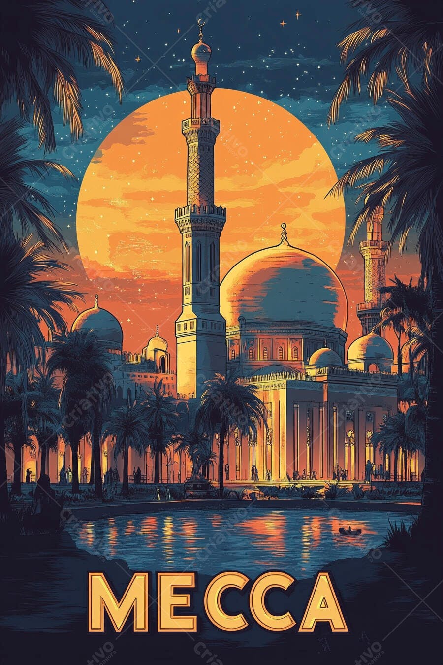 Mesquita de Meca iluminada pelo sol laranja com palmeiras e reflexo