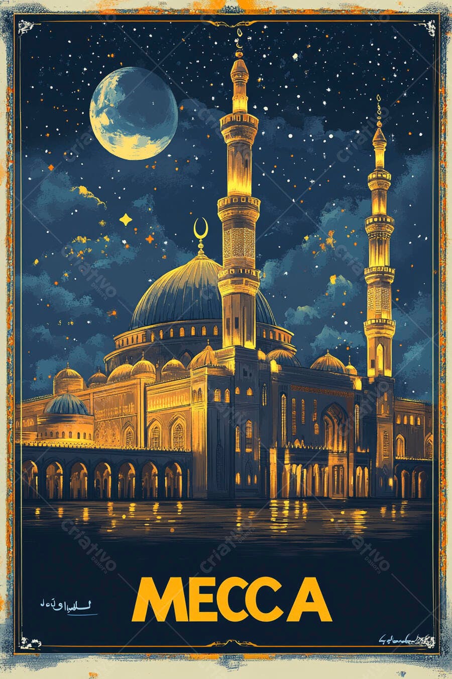 Mesquita em Meca noite estrelada com lua cheia e reflexos dourados