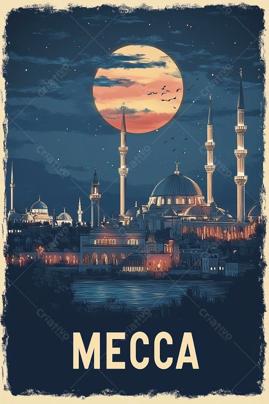 Meca Grande Mesquita noite lua cheia azul laranja ilustração vintage