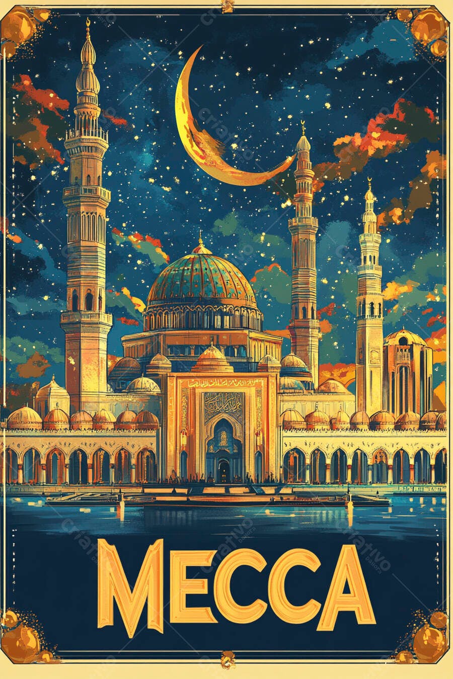 Mesquita de Meca com cúpula turquesa e minaretes dourados sob céu estrelado e lua crescente