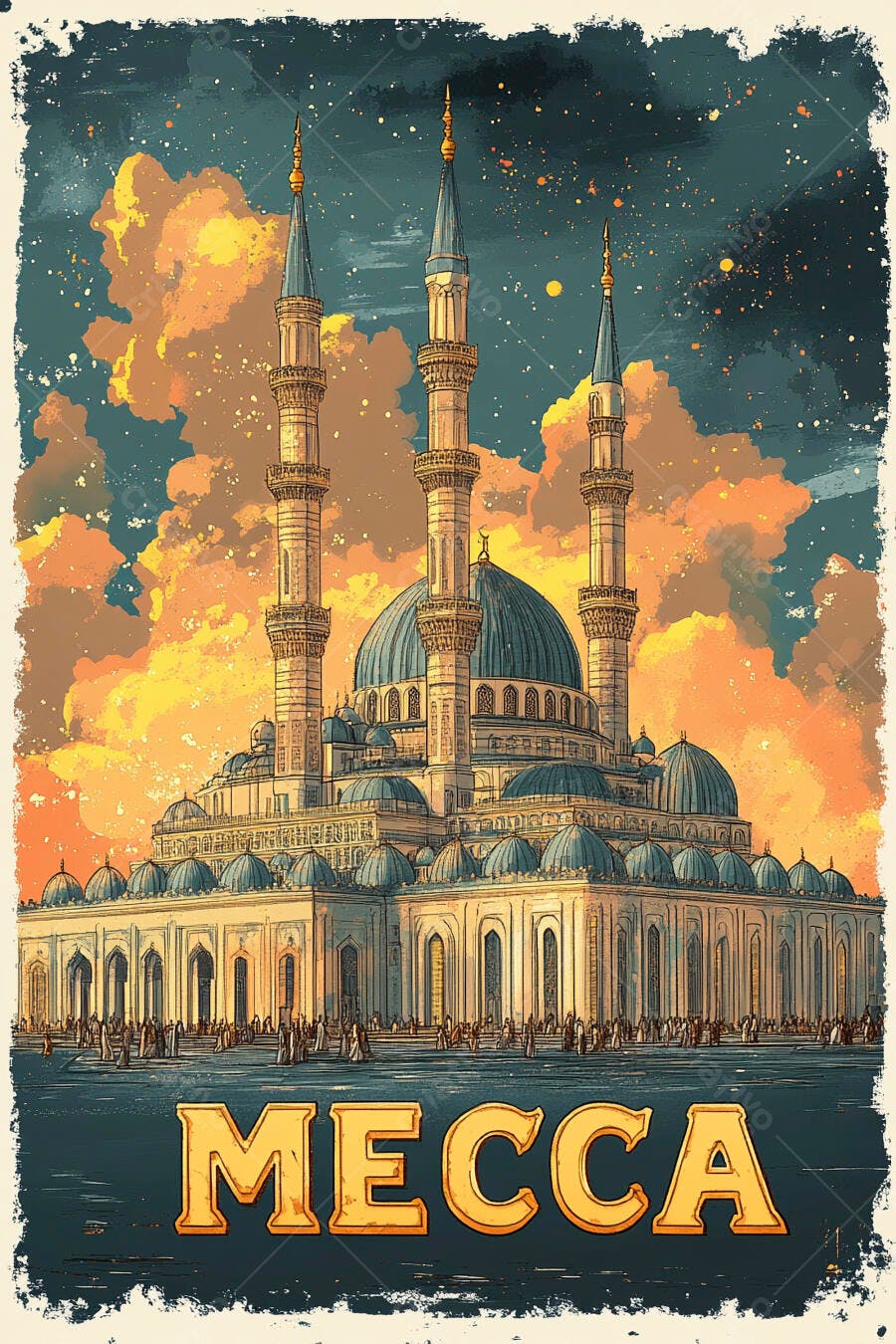 Mesquita majestosa em Meca com céus alaranjados e peregrinos vintage