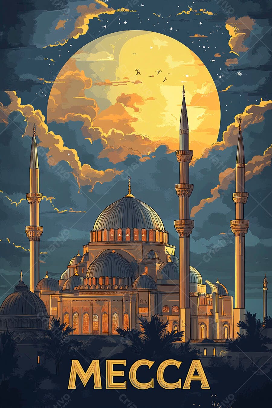 Mesquita de Meca ao anoitecer com lua cheia dourada e céu azul profundo