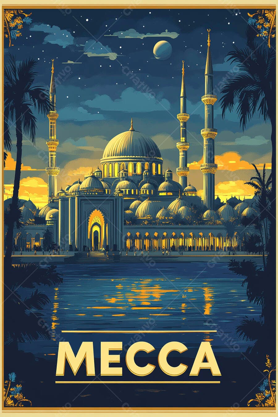 Mesquita de Meca iluminada com palmeiras ao anoitecer estilo pôster vintage