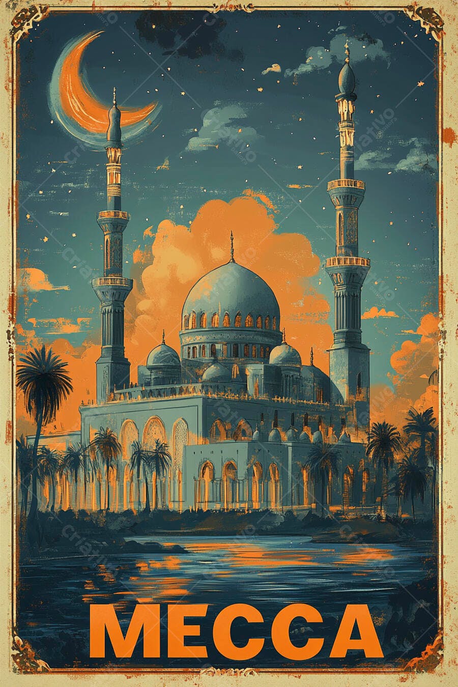 Mesquita azul em Meca sob lua crescente laranja noite vintage