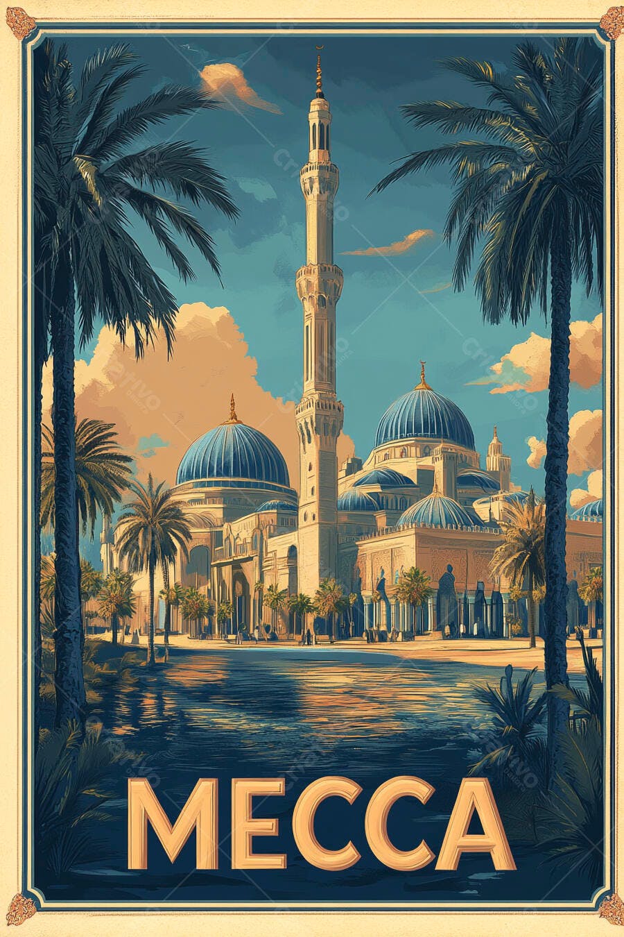 Mesquita azul em Meca com palmeiras refletindo na água estilo vintage