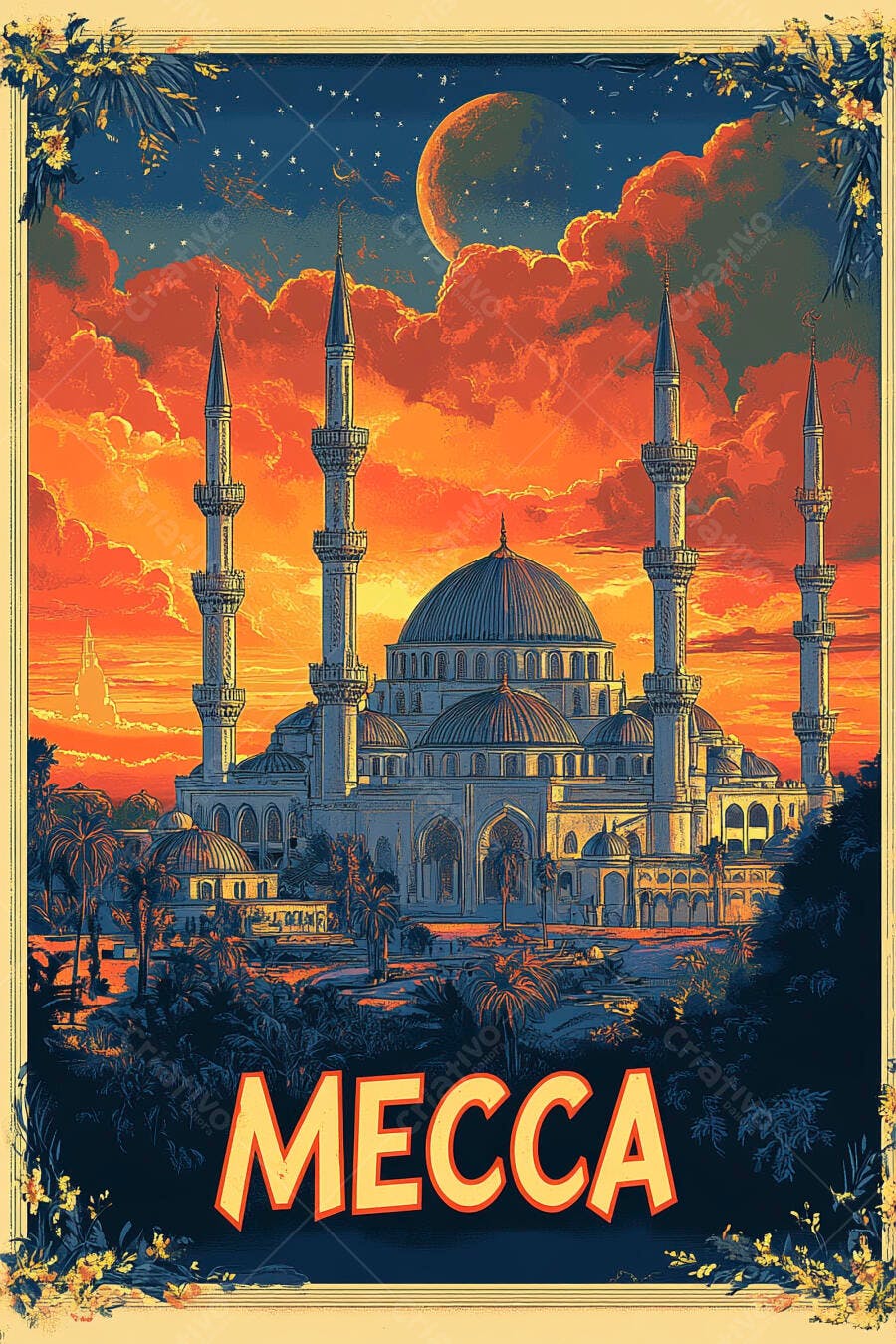 Mesquita de Meca pôr do sol laranja e lua cheia poster vintage