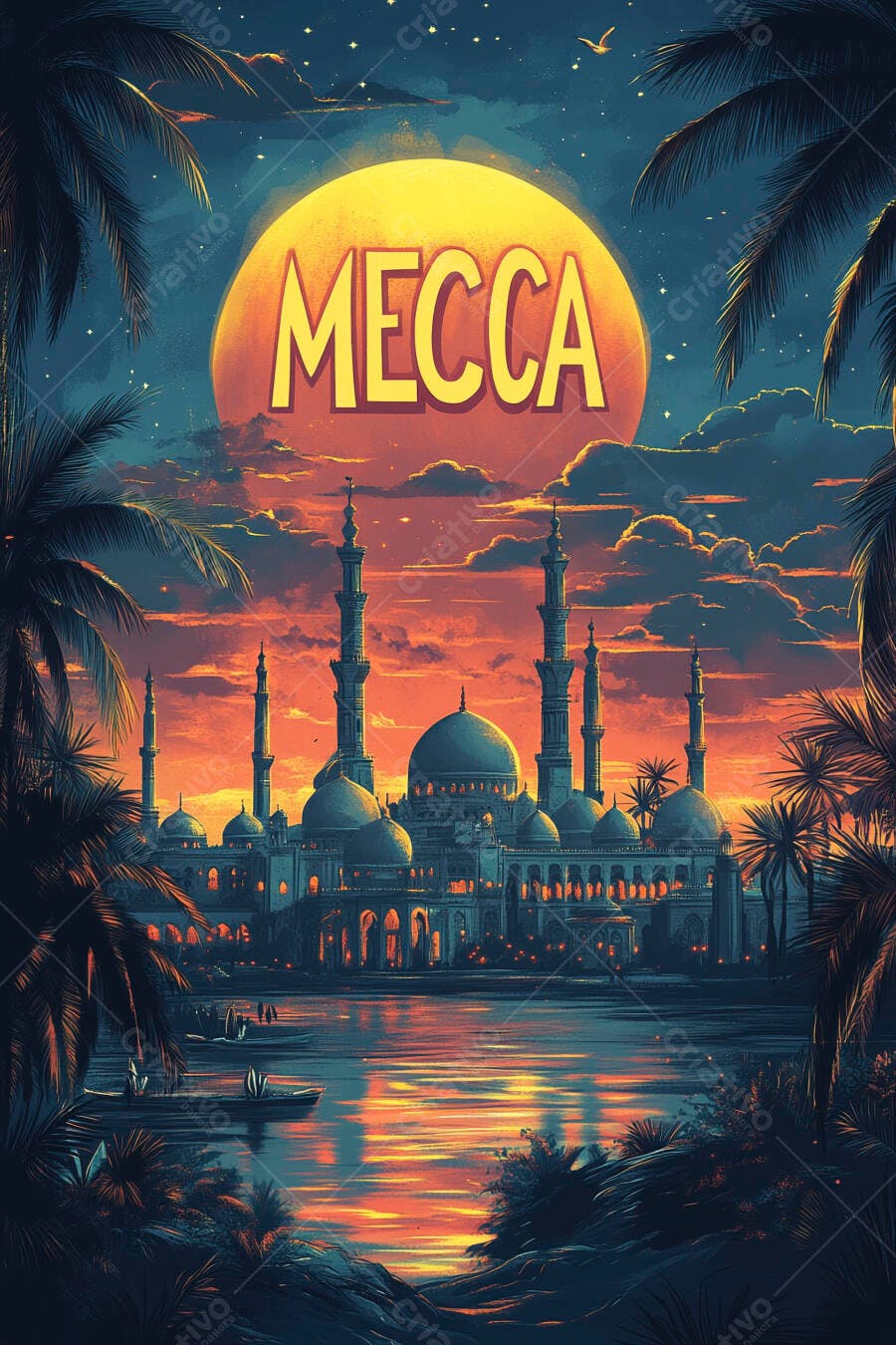 Meca mesquitas azuis ao pôr do sol laranja com palmeiras e texto MECCA
